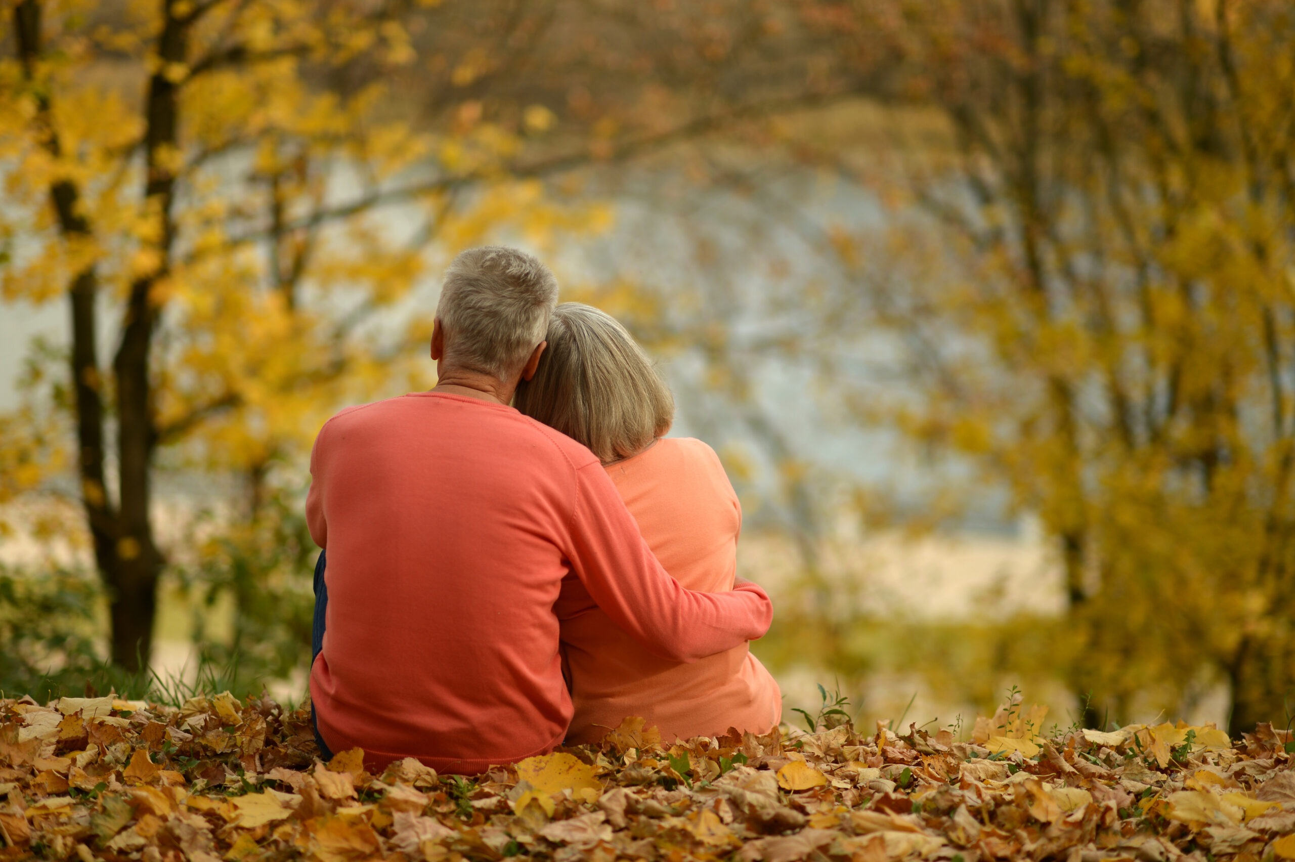 Mature couple sitting near lake back view